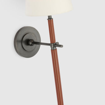 Bryant Large Wrapped Tail Sconce in Bronze and Saddle Leather with Linen Shade