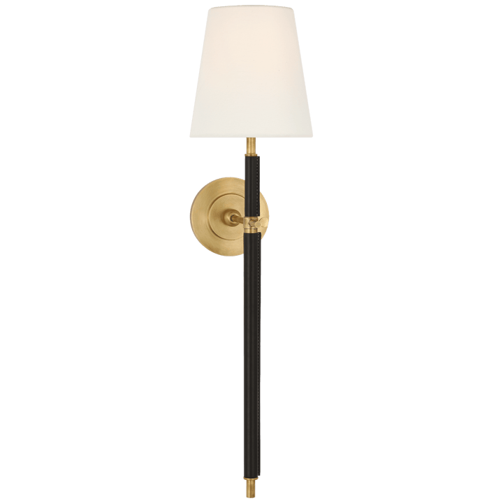Bryant Large Wrapped Tail Sconce in Hand-Rubbed Antique Brass and Chocolate Leather with Linen Shade