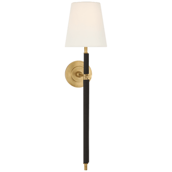 Bryant Large Wrapped Tail Sconce in Hand-Rubbed Antique Brass and Chocolate Leather with Linen Shade