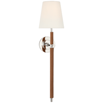 Bryant Large Wrapped Tail Sconce in Polished Nickel and Natural Leather with Linen Shade