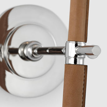 Bryant Large Wrapped Tail Sconce in Polished Nickel and Natural Leather with Linen Shade