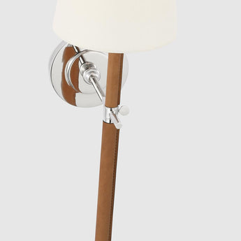 Bryant Large Wrapped Tail Sconce in Polished Nickel and Natural Leather with Linen Shade