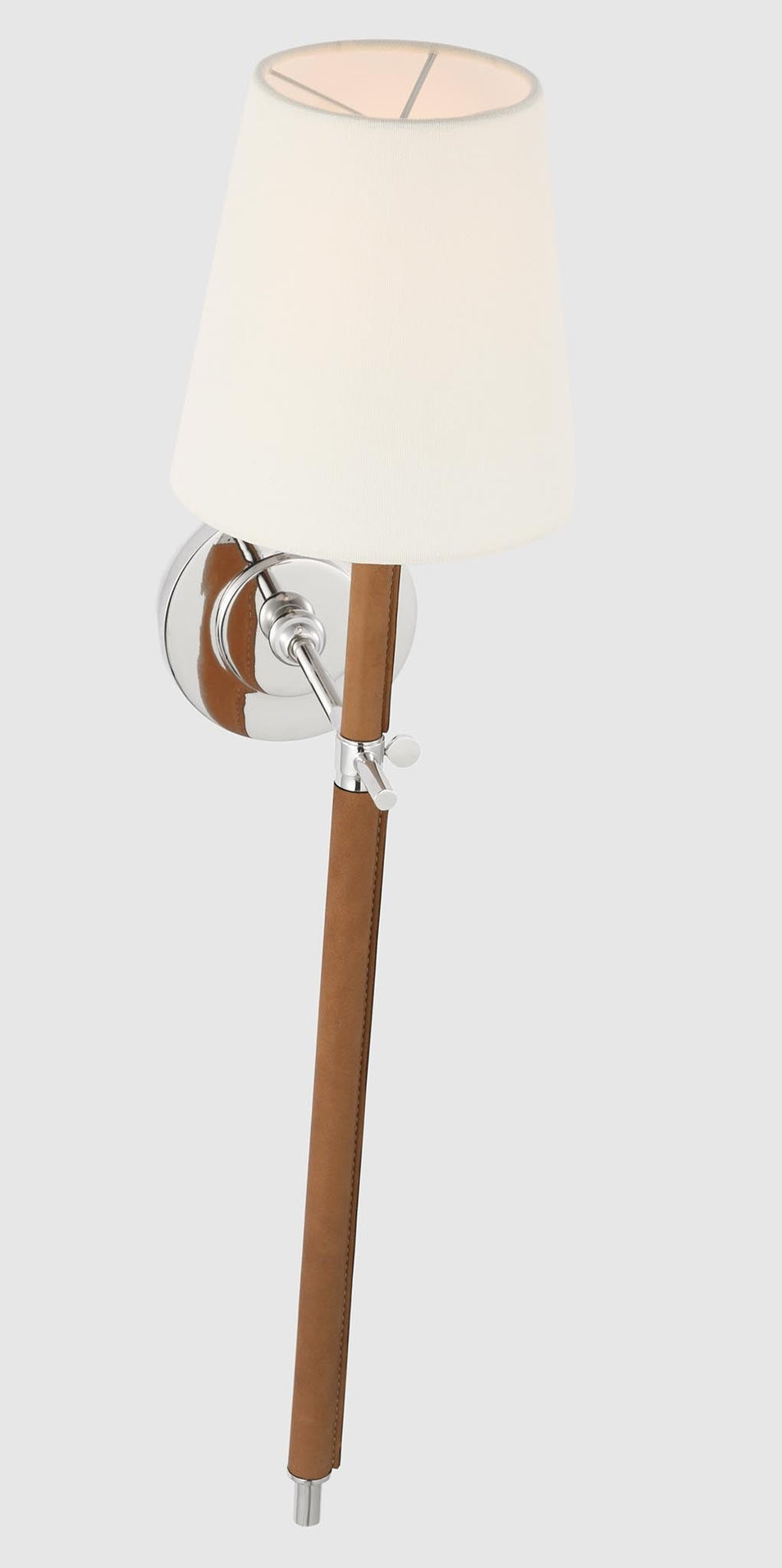 Bryant Large Wrapped Tail Sconce in Polished Nickel and Natural Leather with Linen Shade