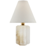 Iota Small Table Lamp in Alabaster and Hand-Rubbed Antique Brass with Linen Shade