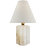 Iota Small Table Lamp in Alabaster and Hand-Rubbed Antique Brass with Linen Shade