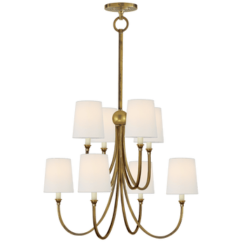 Reed Large Chandelier in Hand-Rubbed Antique Brass with Linen Shades