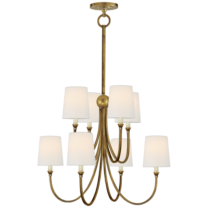 Reed Large Chandelier in Hand-Rubbed Antique Brass with Linen Shades