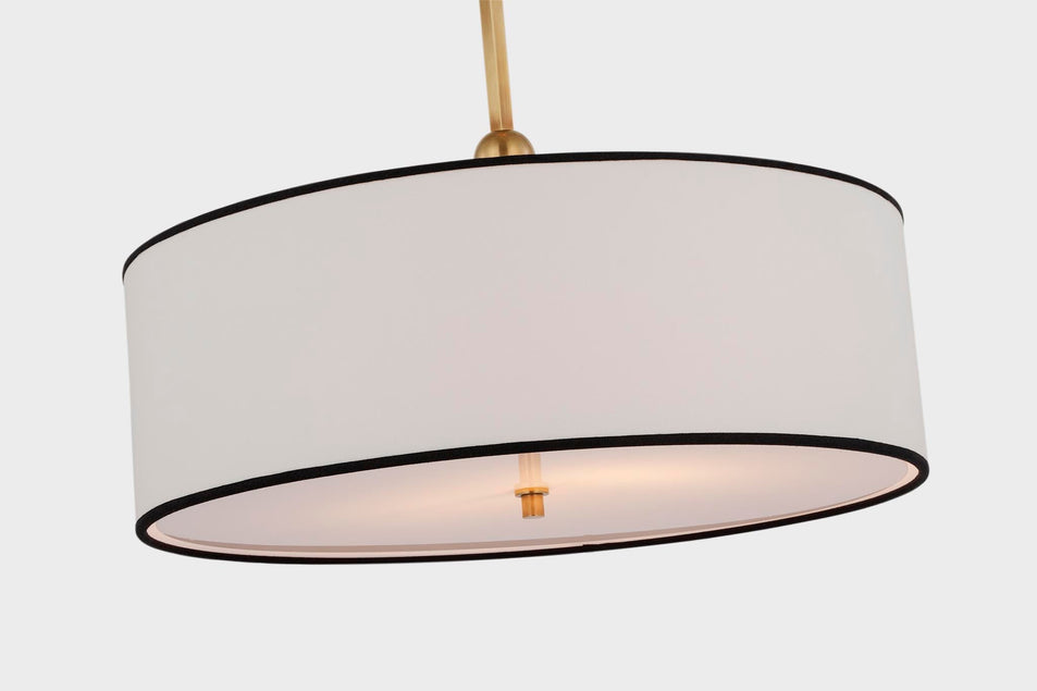 Reed Hanging Shade in Hand-Rubbed Antique Brass with Linen Shade with Black Trim