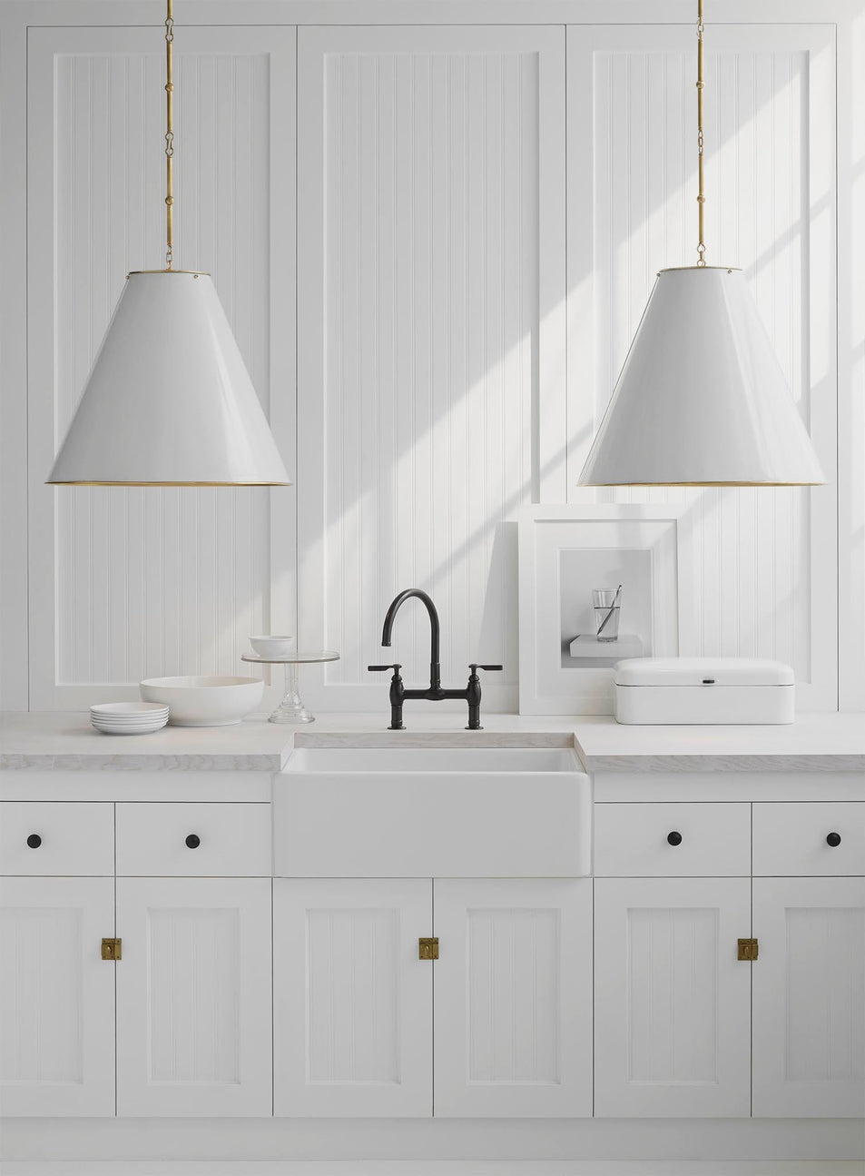 Goodman Large Hanging Lamp in Hand-Rubbed Antique Brass with Antique White Shade