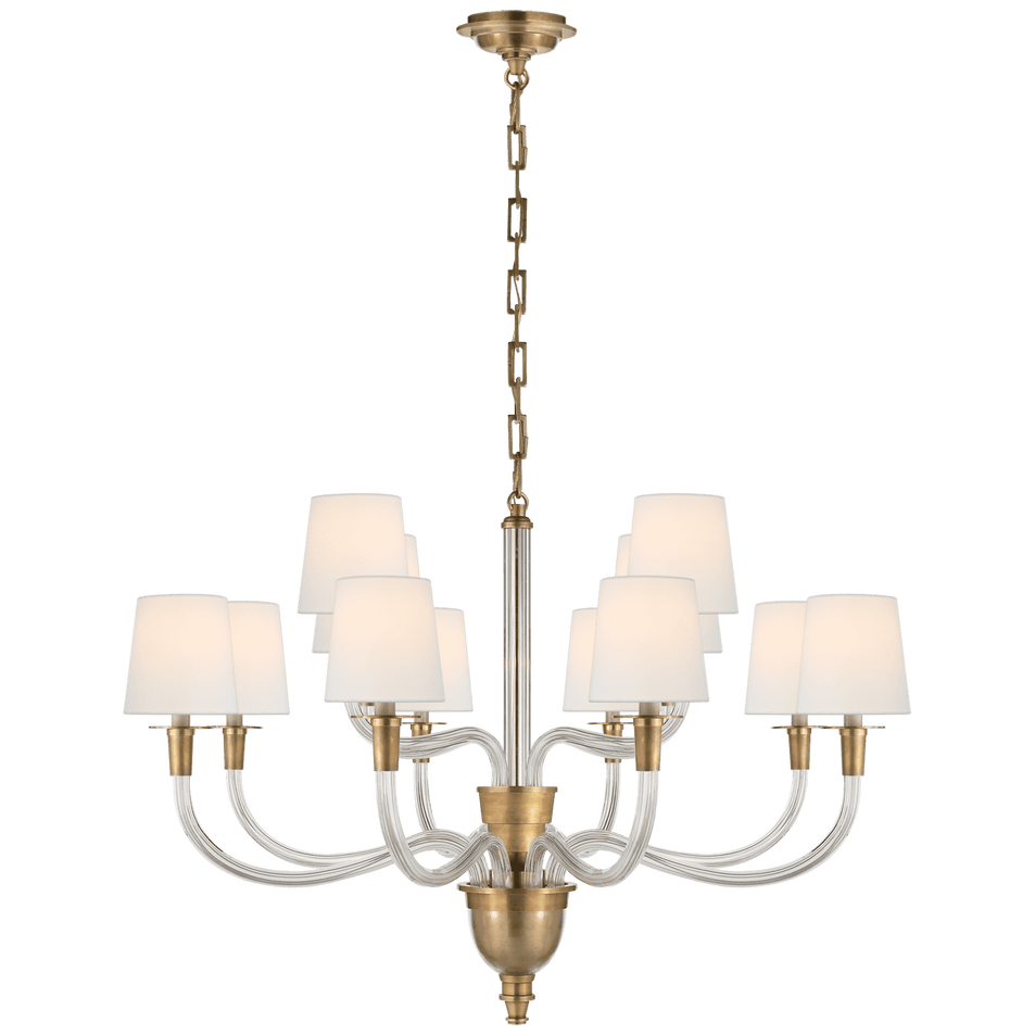 Vivian Large Two-Tier Chandelier in Hand-Rubbed Antique Brass with Linen Shades