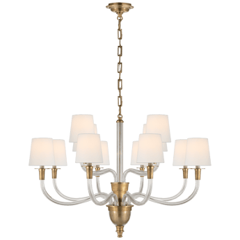 Vivian Large Two-Tier Chandelier in Hand-Rubbed Antique Brass with Linen Shades