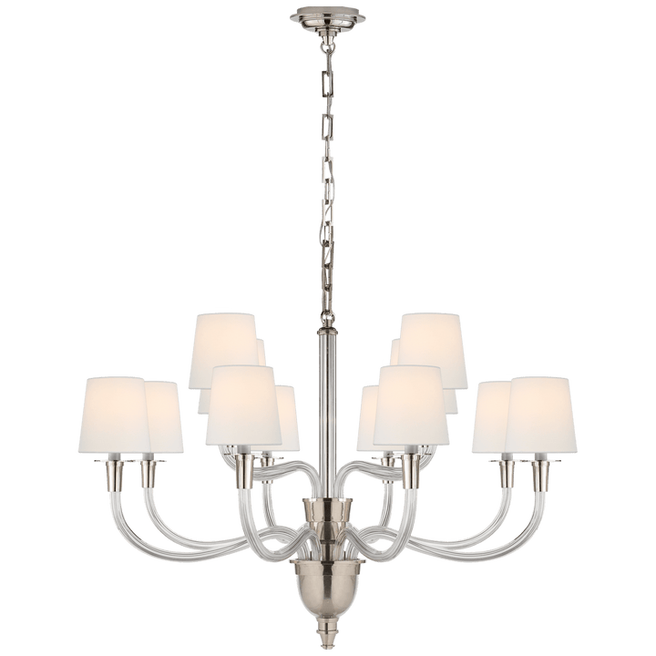 Vivian Large Two-Tier Chandelier in Polished Nickel with Linen Shades