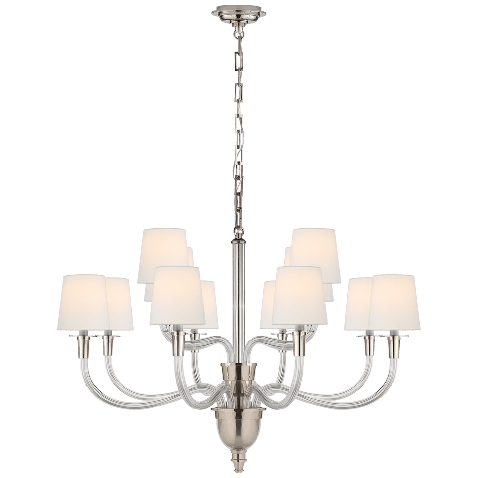 Vivian Large Two-Tier Chandelier in Polished Nickel with Linen Shades
