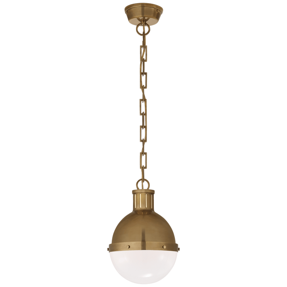 Hicks Small Pendant in Hand-Rubbed Antique Brass with White Glass
