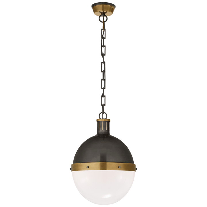 Hicks Large Pendant in Bronze and Hand-Rubbed Antique Brass with White Glass