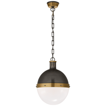 Hicks Large Pendant in Bronze and Hand-Rubbed Antique Brass with White Glass