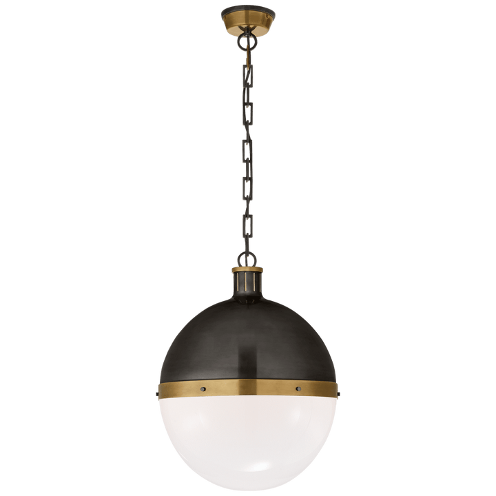 Hicks Extra Large Pendant in Bronze and Hand-Rubbed Antique Brass with White Glass