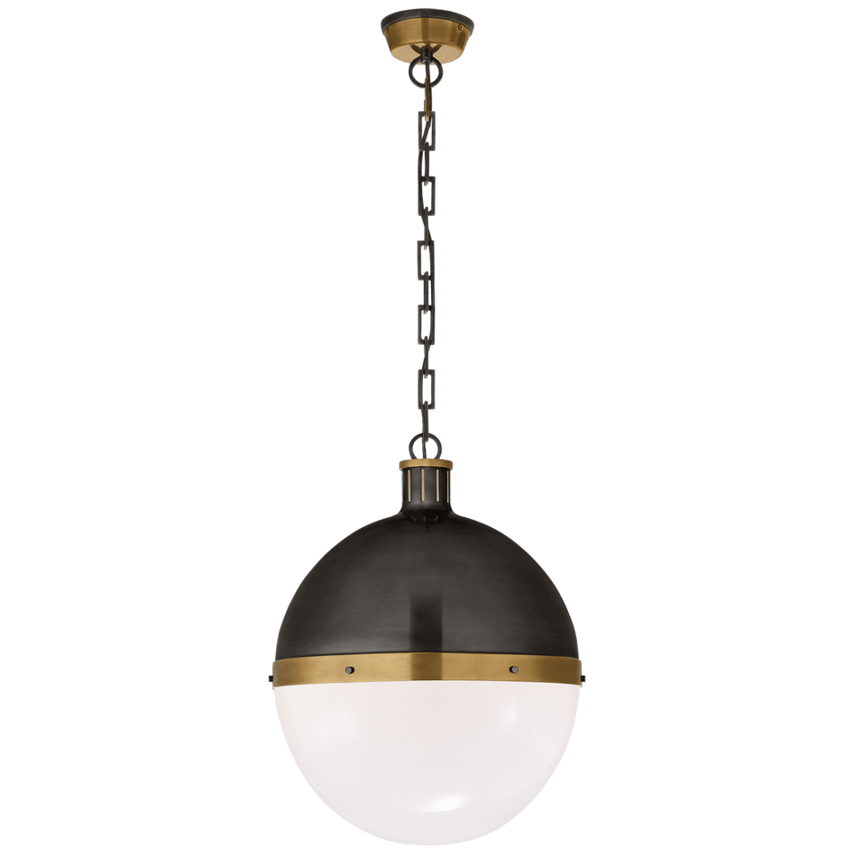 Hicks Extra Large Pendant in Bronze and Hand-Rubbed Antique Brass with White Glass