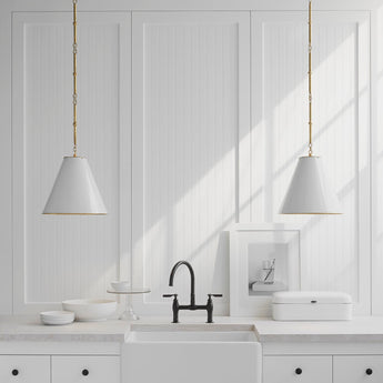 Goodman Small Hanging Light in Hand-Rubbed Antique Brass with Antique White Shade