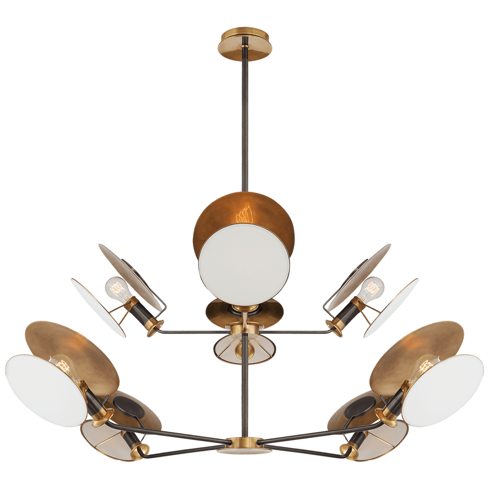 Osiris Large Reflector Chandelier in Bronze and Hand-Rubbed Antique Brass with Linen Diffuser