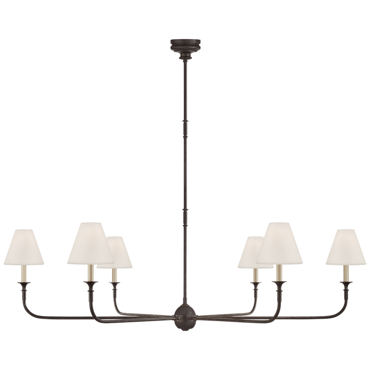 Piaf Grande Chandelier in Aged Iron and Ebonized Oak with Linen Shades