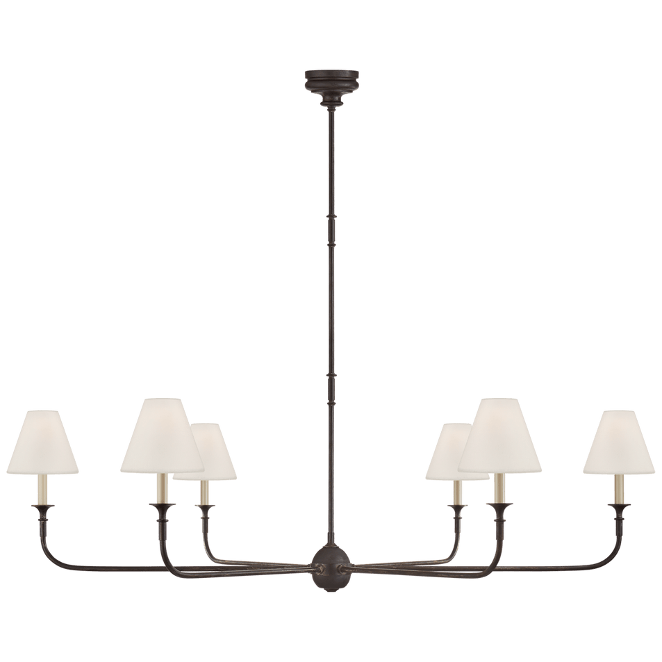 Piaf Grande Chandelier in Aged Iron and Ebonized Oak with Linen Shades