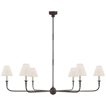 Piaf Grande Chandelier in Aged Iron and Ebonized Oak with Linen Shades