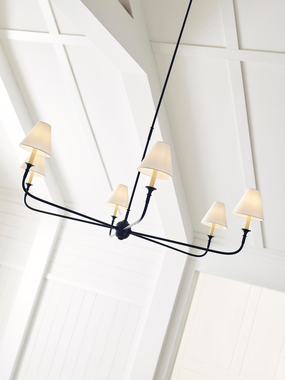 Piaf Grande Chandelier in Aged Iron and Ebonized Oak with Linen Shades