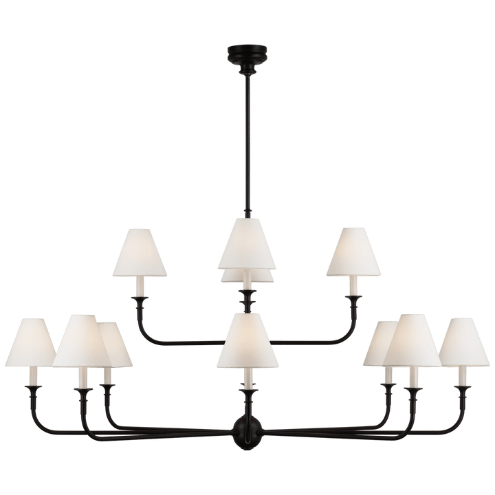 Piaf Grande Two-Tier Chandelier in Aged Iron and Ebonized Oak with Linen Shades