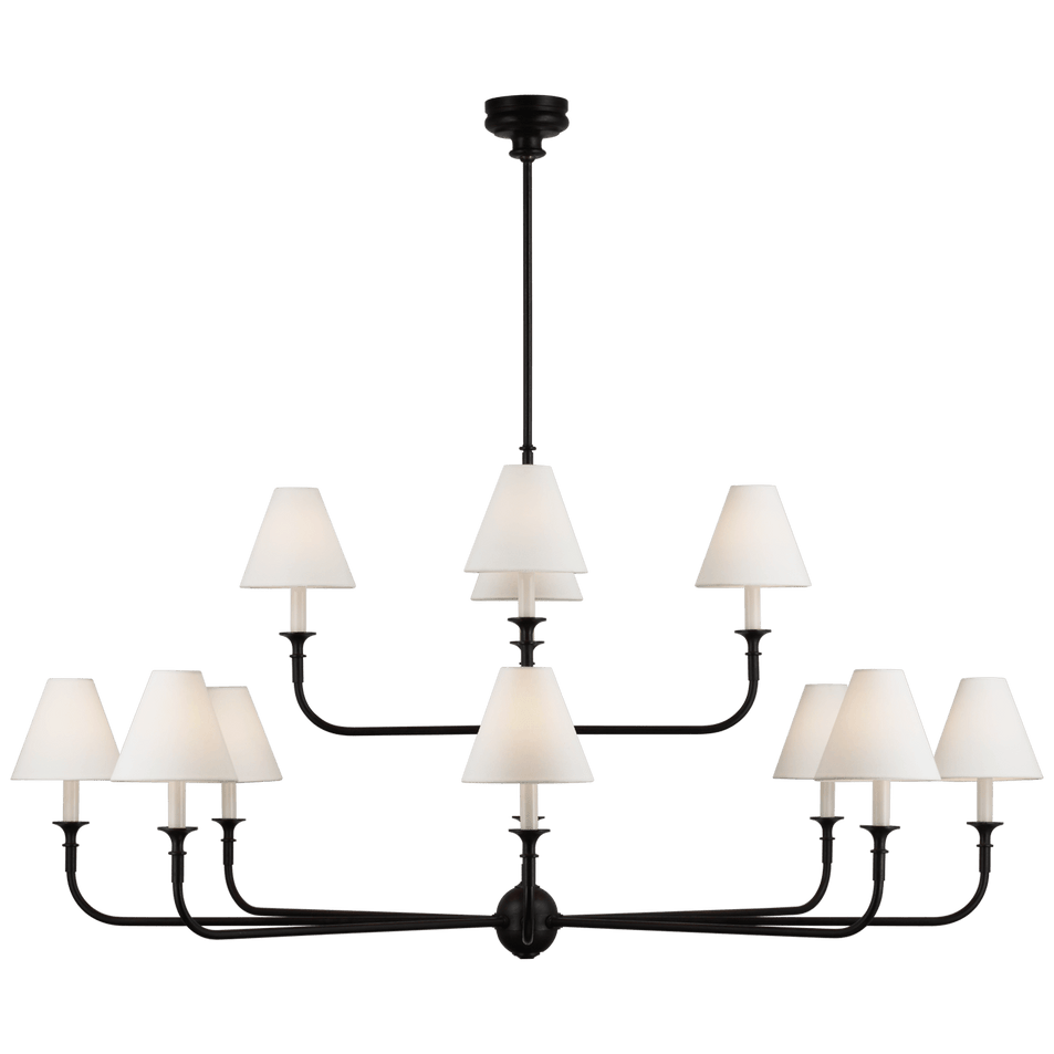 Piaf Grande Two-Tier Chandelier in Aged Iron and Ebonized Oak with Linen Shades