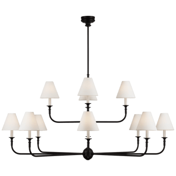 Piaf Grande Two-Tier Chandelier in Aged Iron and Ebonized Oak with Linen Shades