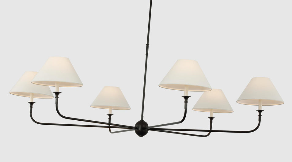 Piaf Oversized Chandelier in Aged Iron and Ebonized Oak with Linen Shades