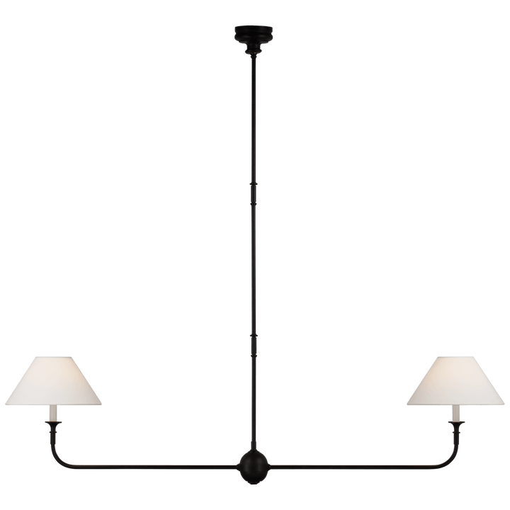Piaf Large Two Light Linear Pendant in Aged Iron and Ebonized Oak with Linen Shades