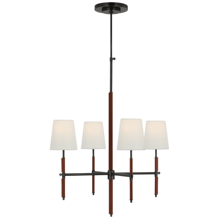 Bryant Small Wrapped Chandelier in Bronze and Saddle Leather with Linen Shades