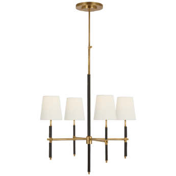 Bryant Small Wrapped Chandelier in Hand-Rubbed Antique Brass and Chocolate Leather with Linen Shades