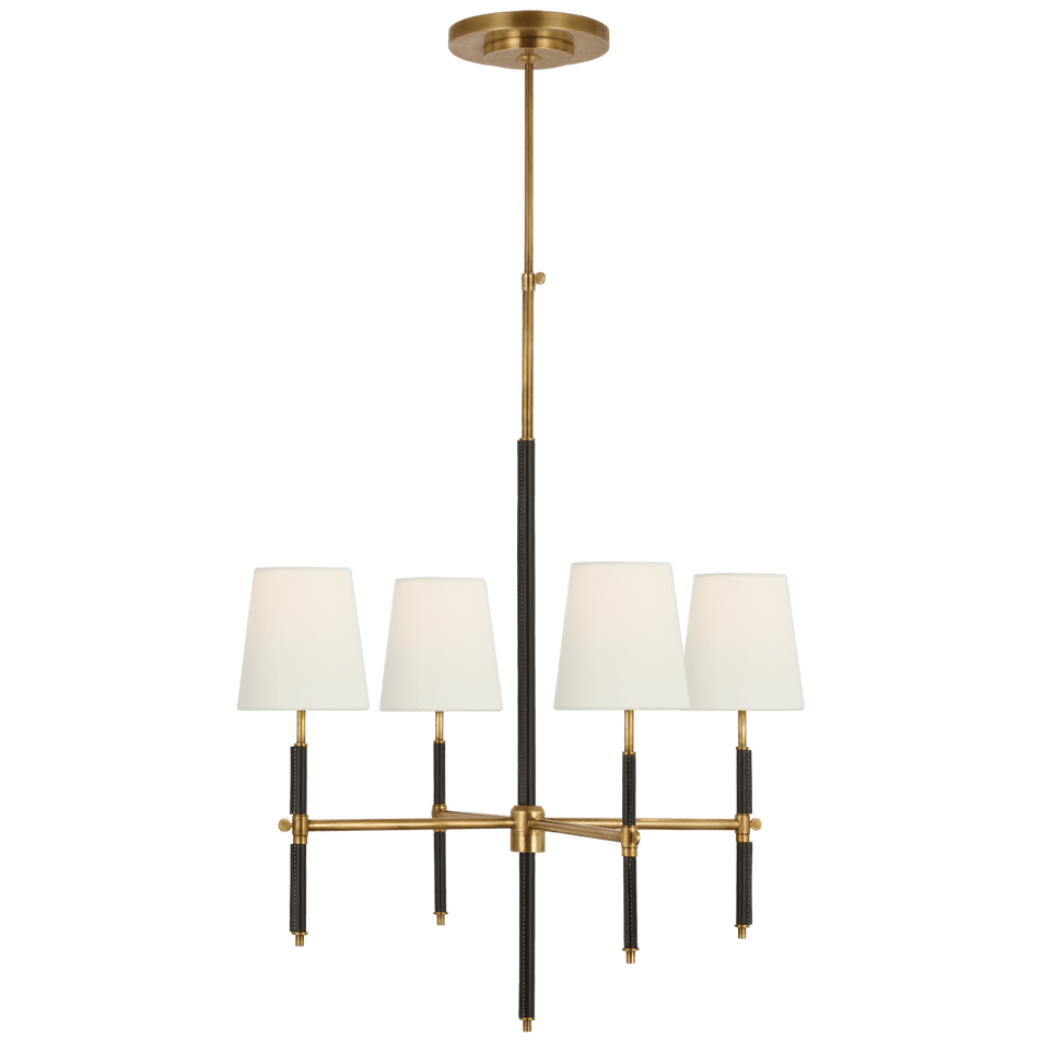 Bryant Small Wrapped Chandelier in Hand-Rubbed Antique Brass and Chocolate Leather with Linen Shades