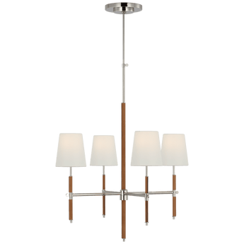 Bryant Small Wrapped Chandelier in Polished Nickel and Natural Leather with Linen Shades