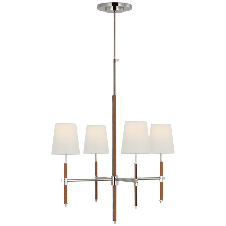 Bryant Small Wrapped Chandelier in Polished Nickel and Natural Leather with Linen Shades