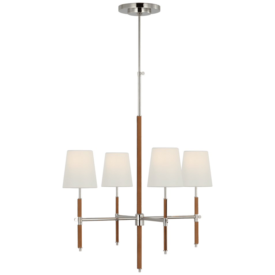 Bryant Small Wrapped Chandelier in Polished Nickel and Natural Leather with Linen Shades