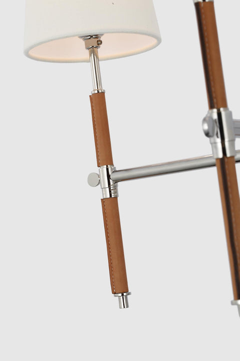 Bryant Small Wrapped Chandelier in Polished Nickel and Natural Leather with Linen Shades