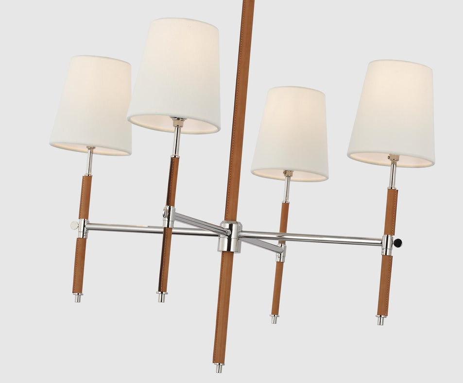 Bryant Small Wrapped Chandelier in Polished Nickel and Natural Leather with Linen Shades