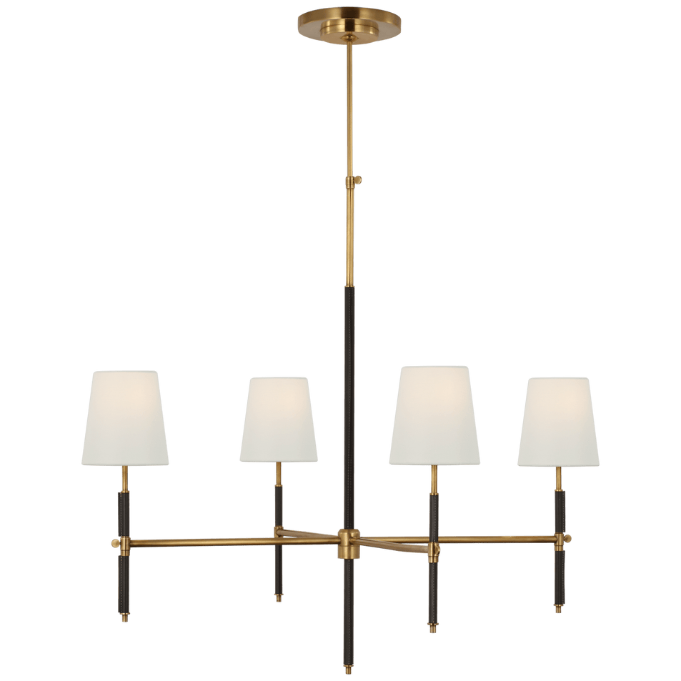 Bryant Large Wrapped Chandelier in Hand-Rubbed Antique Brass and Chocolate Leather with Linen Shades