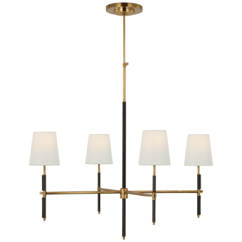 Bryant Large Wrapped Chandelier in Hand-Rubbed Antique Brass and Chocolate Leather with Linen Shades