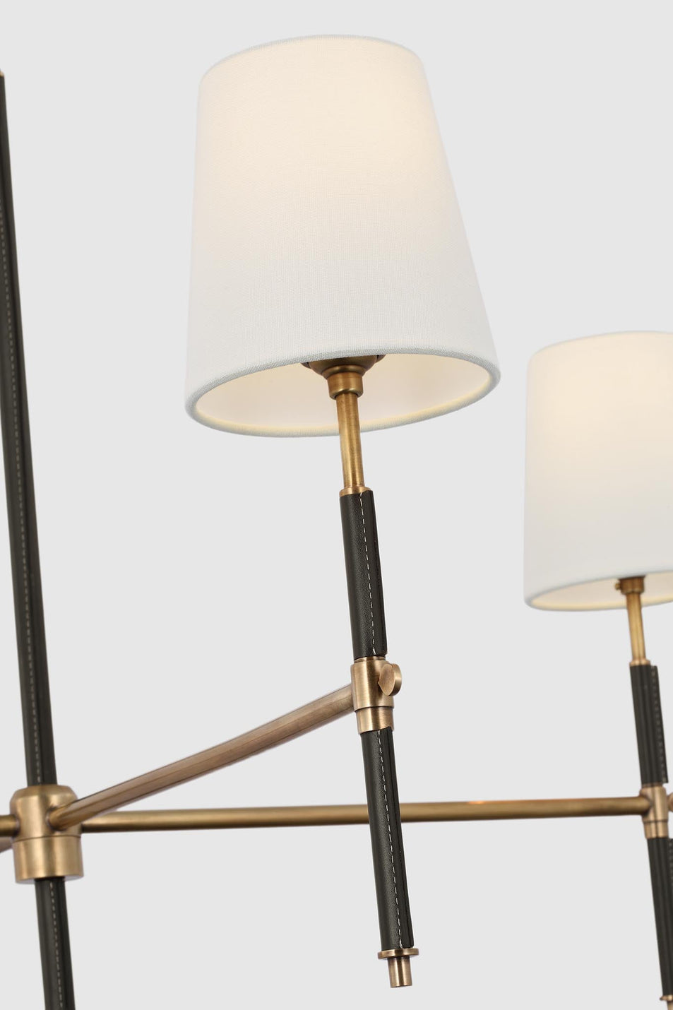 Bryant Large Wrapped Chandelier in Hand-Rubbed Antique Brass and Chocolate Leather with Linen Shades