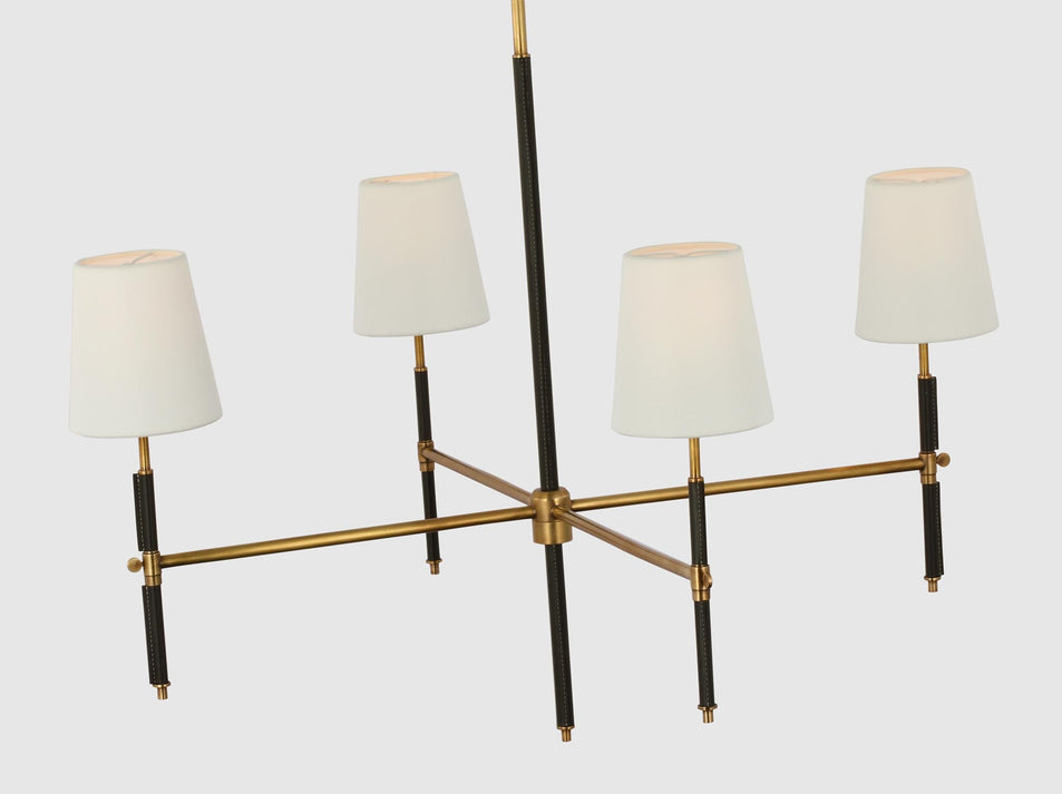 Bryant Large Wrapped Chandelier in Hand-Rubbed Antique Brass and Chocolate Leather with Linen Shades