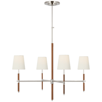 Bryant Large Wrapped Chandelier in Polished Nickel and Natural Leather with Linen Shades