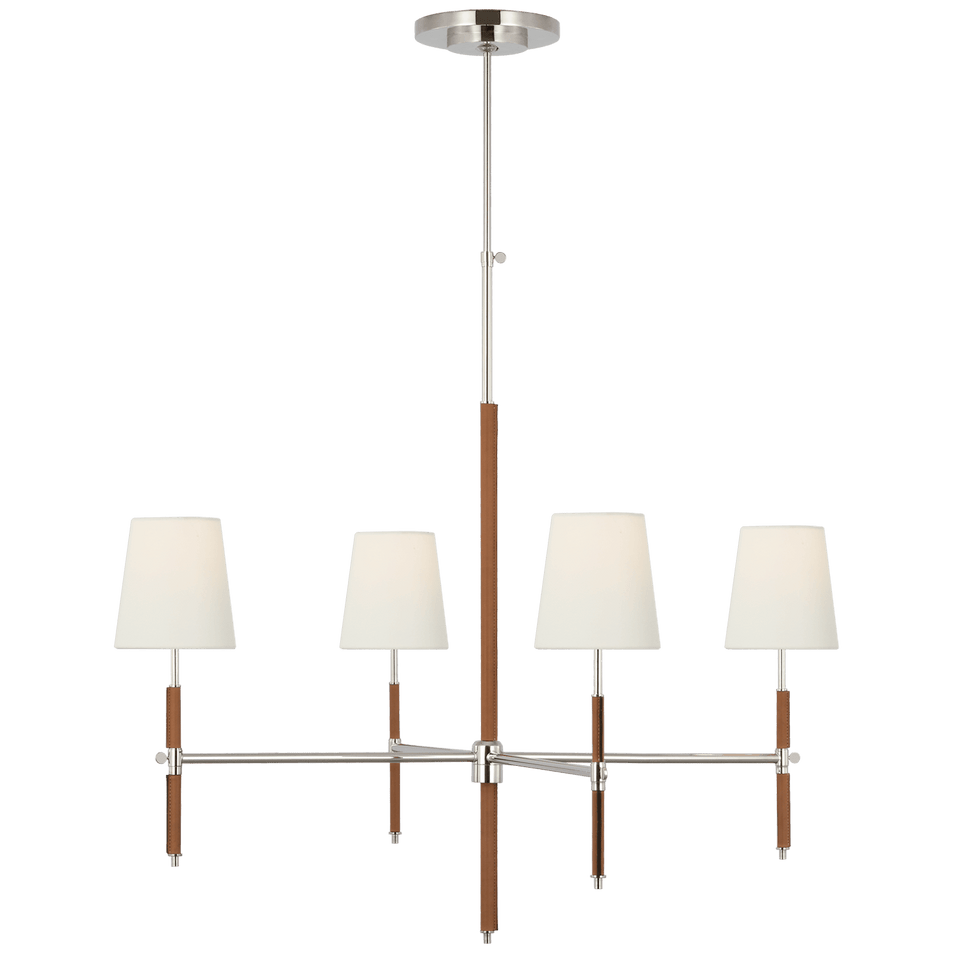 Bryant Large Wrapped Chandelier in Polished Nickel and Natural Leather with Linen Shades