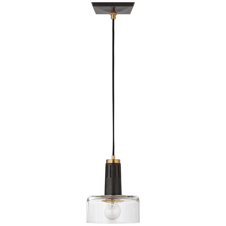 Iris Single Pendant in Bronze and Hand-Rubbed Antique Brass with Clear Glass