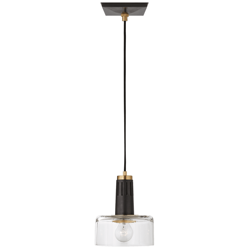 Iris Single Pendant in Bronze and Hand-Rubbed Antique Brass with Clear Glass