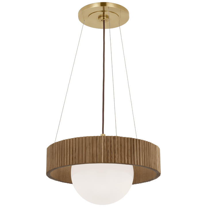 Arena 18" Ring and Globe Chandelier in Hand-Rubbed Antique Brass and Natural Oak with White Glass